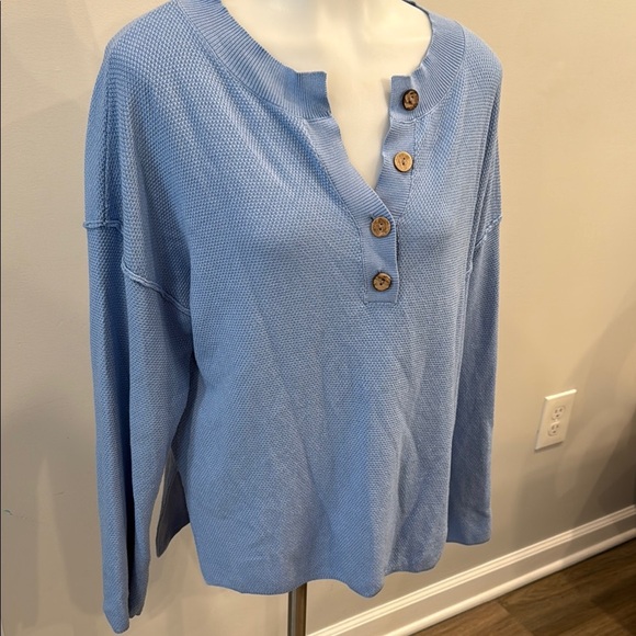 Medium Blue Button-Up Henley Women's Top - Picture 3 of 6